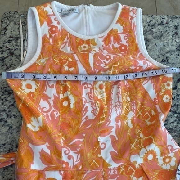 Kay Unger orange pink white paisley print belted sleeveless flare dress T28 - Picture 12 of 13
